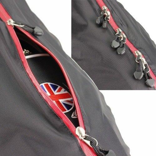 Universal rain cover with Stewart Golf Logo and zipper close up. Use for standard sized golf bags. Convenient and easy to fit on golf bag